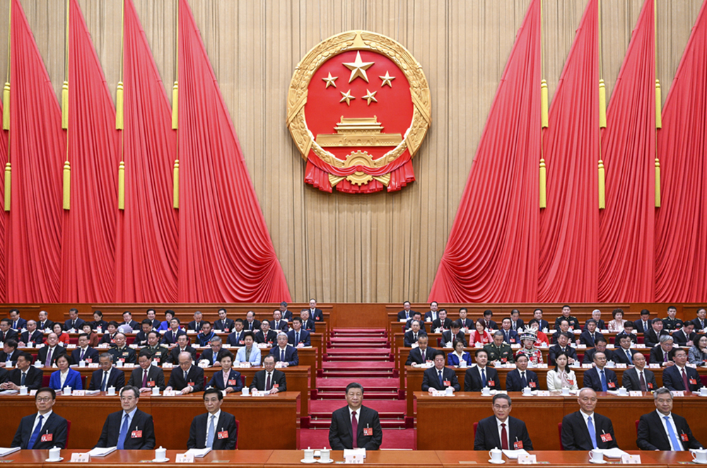 3月5日，第十四屆全國人民代表大會第二次會議在北京人民大會堂開幕。黨和國家領(lǐng)導人習近平、李強、王滬寧、蔡奇、丁薛祥、李希、韓正等出席大會。新華社記者 李學仁 攝