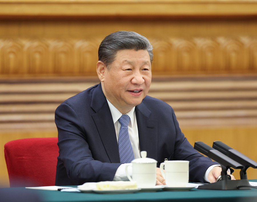 3月5日，中共中央總書記、國家主席、中央軍委主席習近平參加他所在的十四屆全國人大二次會議江蘇代表團審議。新華社記者 鞠鵬 攝