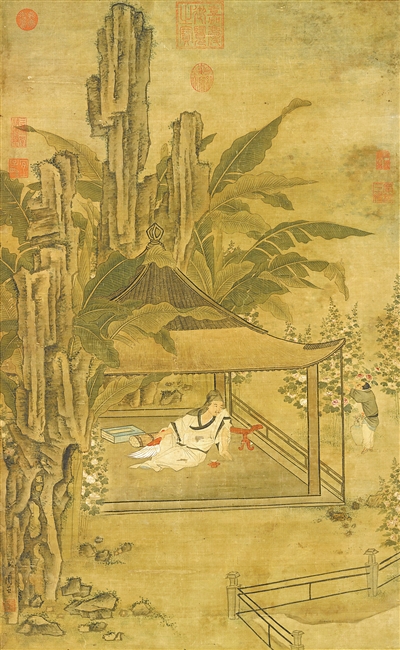 中國畫《山亭納涼圖》，作者為明代周臣。  臺北故宮博物院藏